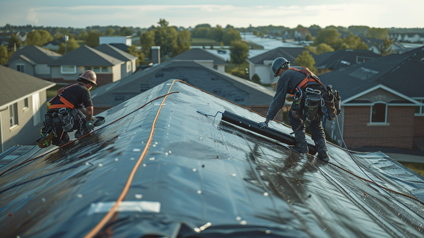 A close-up cinematic rooftop scene captured with a professional construction camera, showing a team of construction workers in safety harnesses applying a black sealant coating to the flat roof of a suburban home. The foreground features a worker using a long roller to carefully apply the viscous coating while another worker assists.