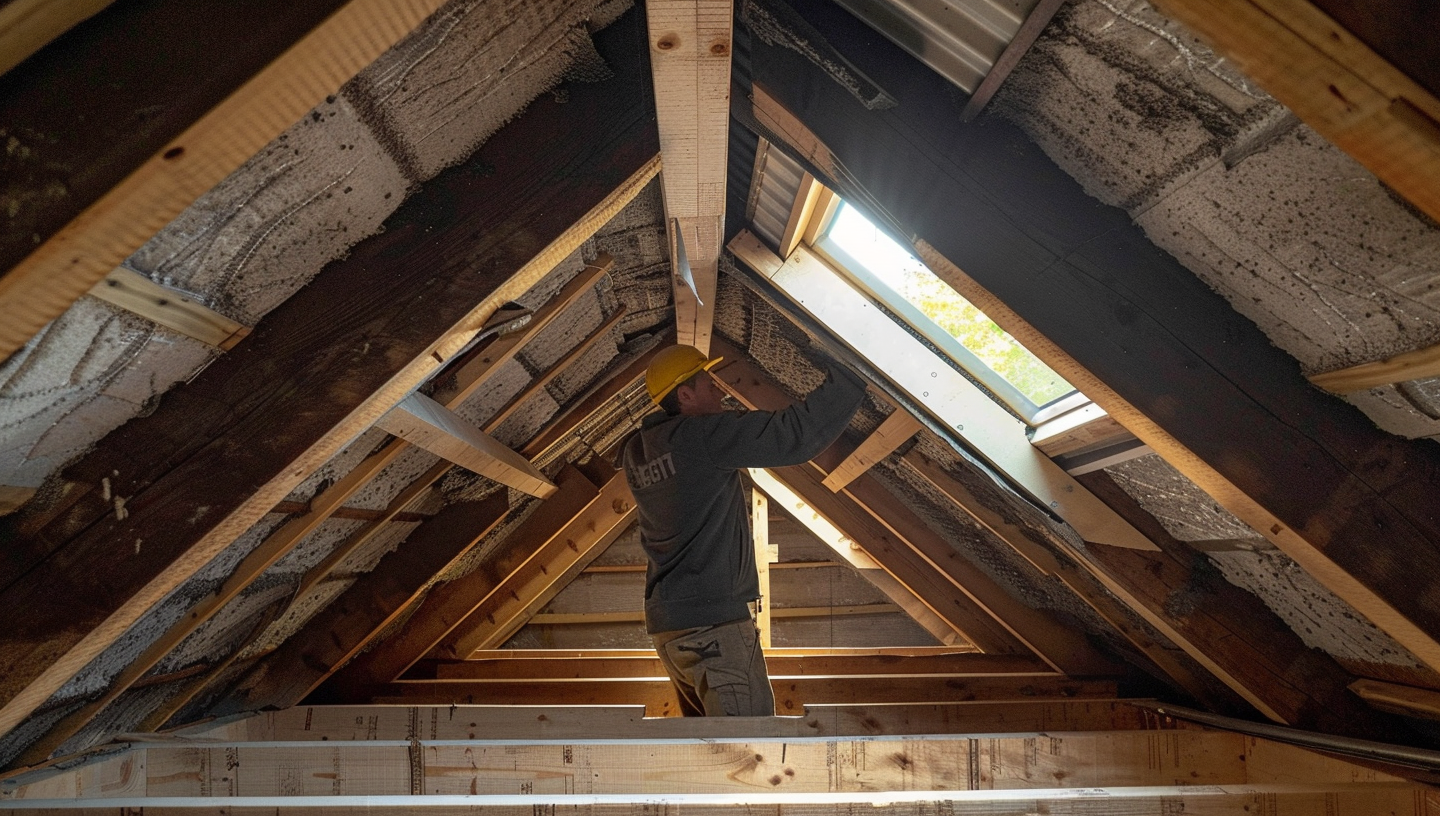 An image of an attic with proper ventilation catches the details of well-surrounded attic ventilation and a roofing construction worker fixing the installation in the attic. 