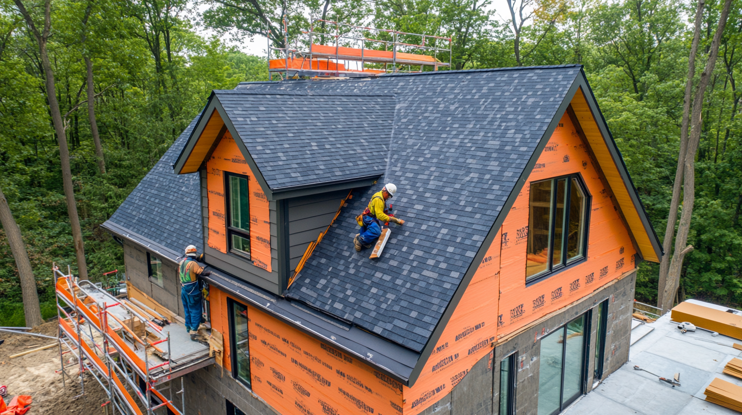 A worker replacing asphalt shingles on the roof of a modern house during a roofing installation. The worker is positioned on the roof, carefully installing new shingles, with roofing tools and materials visible around the work area. 