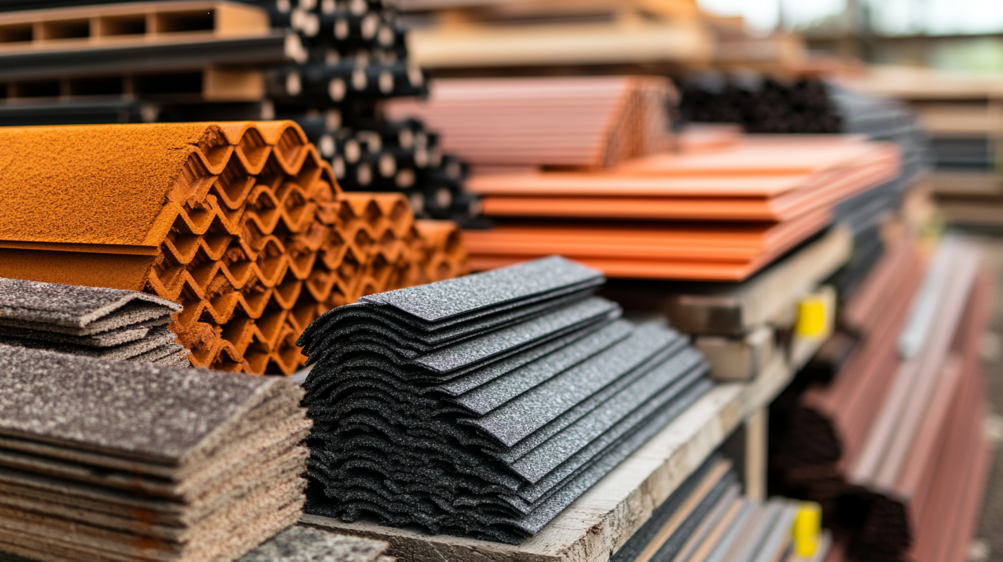 A photo of roof replacement supplies, including shingles, roof flashing, ridge capping, roof sealant, tin strips, and underlayment, arranged neatly in a construction setting.