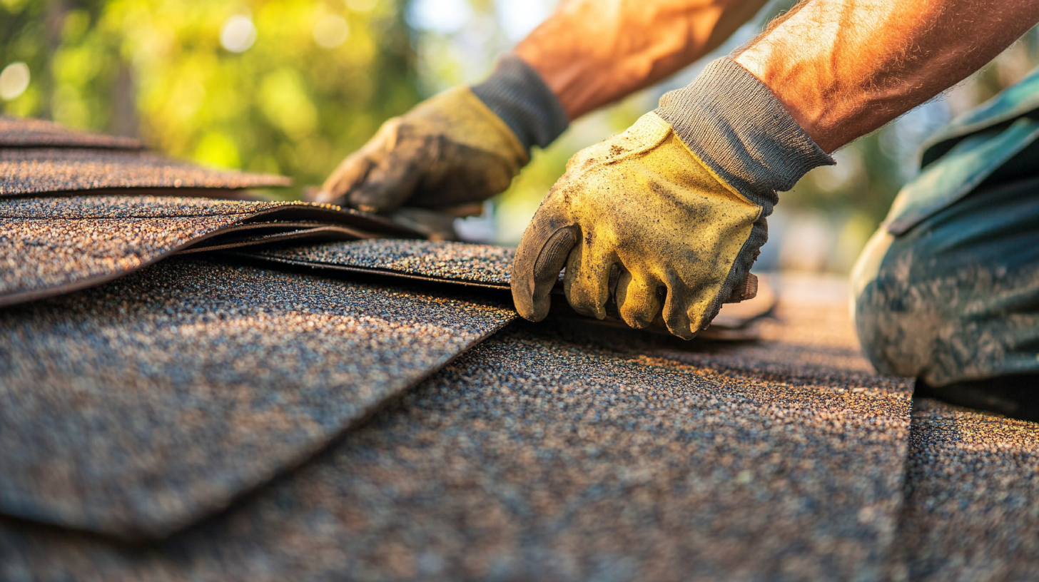 A worker replacing asphalt shingles on the roof of a modern house during a roofing installation. The worker is positioned on the roof, carefully installing new shingles, with roofing tools and materials visible around the work area.