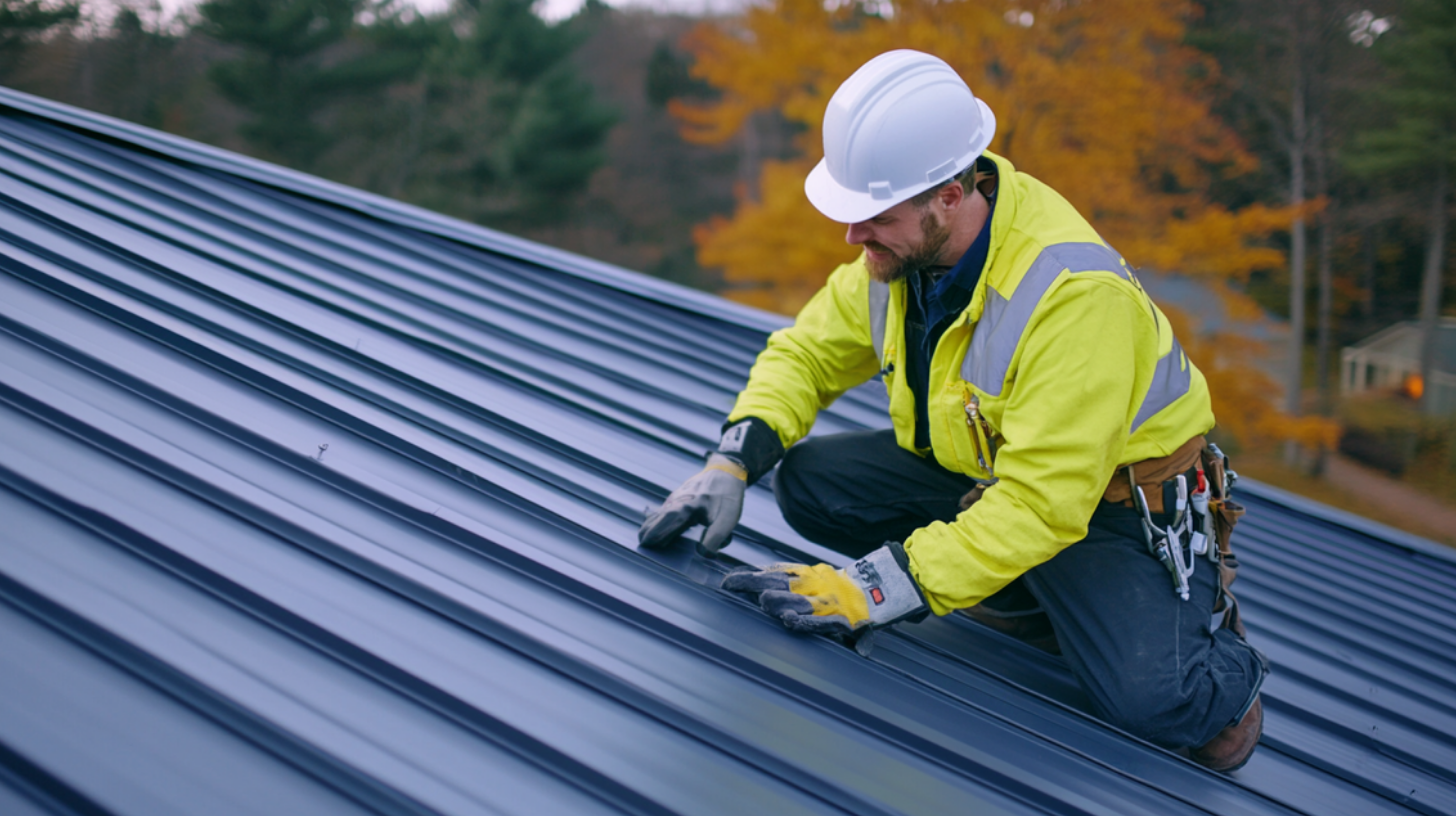 A roof worker is wearing a bright high-visibility jacket, a white hard hat, and heavy-duty gloves while working on a residential metal roof.