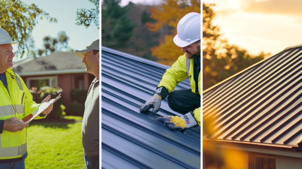 A roofing contractor explaining the payment plan options available to a client, a roof worker working on a residential metal roof, and a beautifully installed standing seam metal roof.