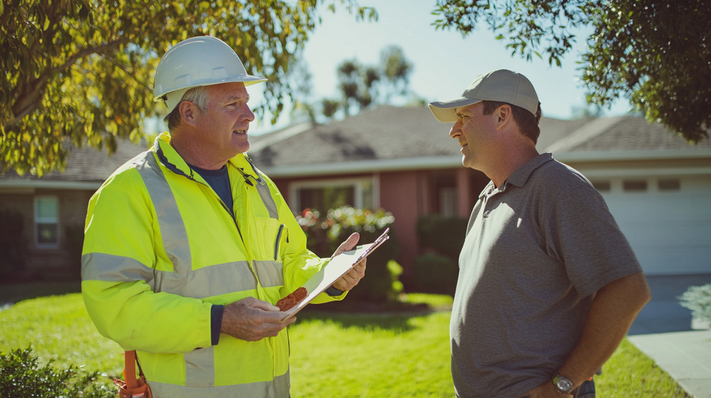 A roofing contractor explaining the payment plan options available to a client to help aid his roofing project.