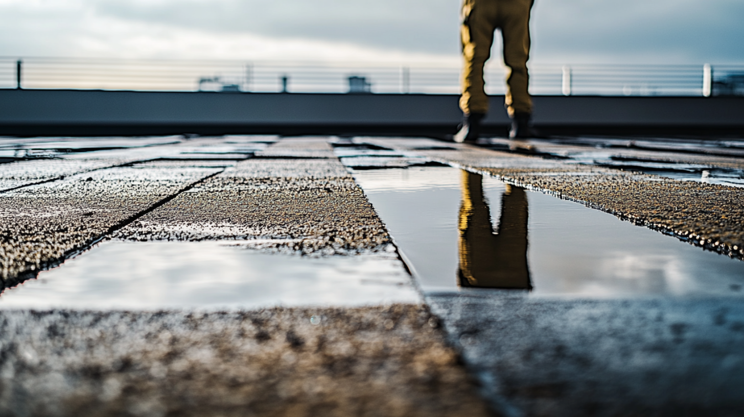 A flat roof with ponding water, showing pools of water reflecting the sky.