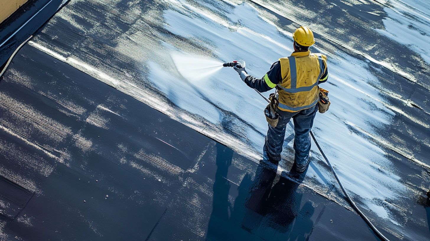 An aerial view of a clean and well-waterproofed rooftop, showing a worker in safety gear applying waterproofing with a sprayer with long nozzle.