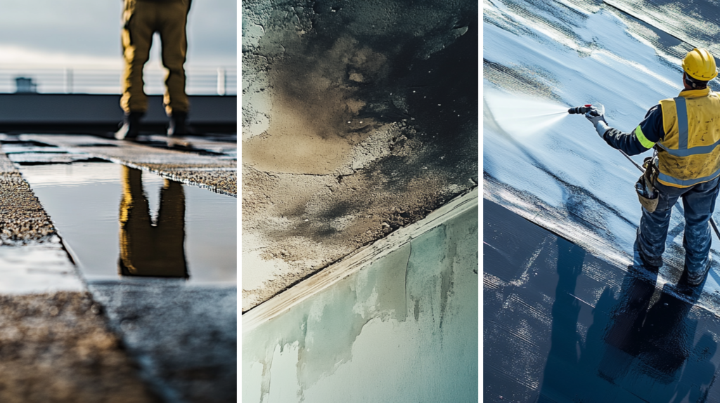 A flat roof with ponding water, an interior water damage on a ceiling due to pooling water on the roof, and an aerial view of a clean and well-waterproofed rooftop, showing a worker in safety gear applying waterproofing with a sprayer with long nozzle.