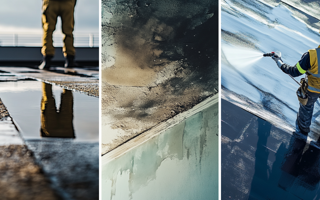 A flat roof with ponding water, an interior water damage on a ceiling due to pooling water on the roof, and an aerial view of a clean and well-waterproofed rooftop, showing a worker in safety gear applying waterproofing with a sprayer with long nozzle.