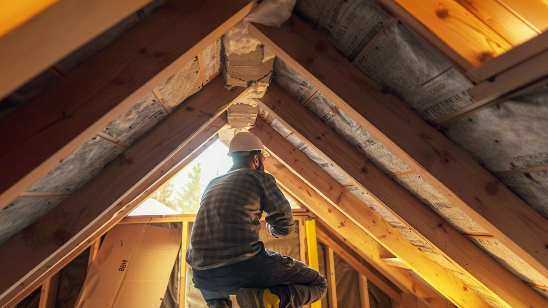 A roofing contractor checking the attic of the house.