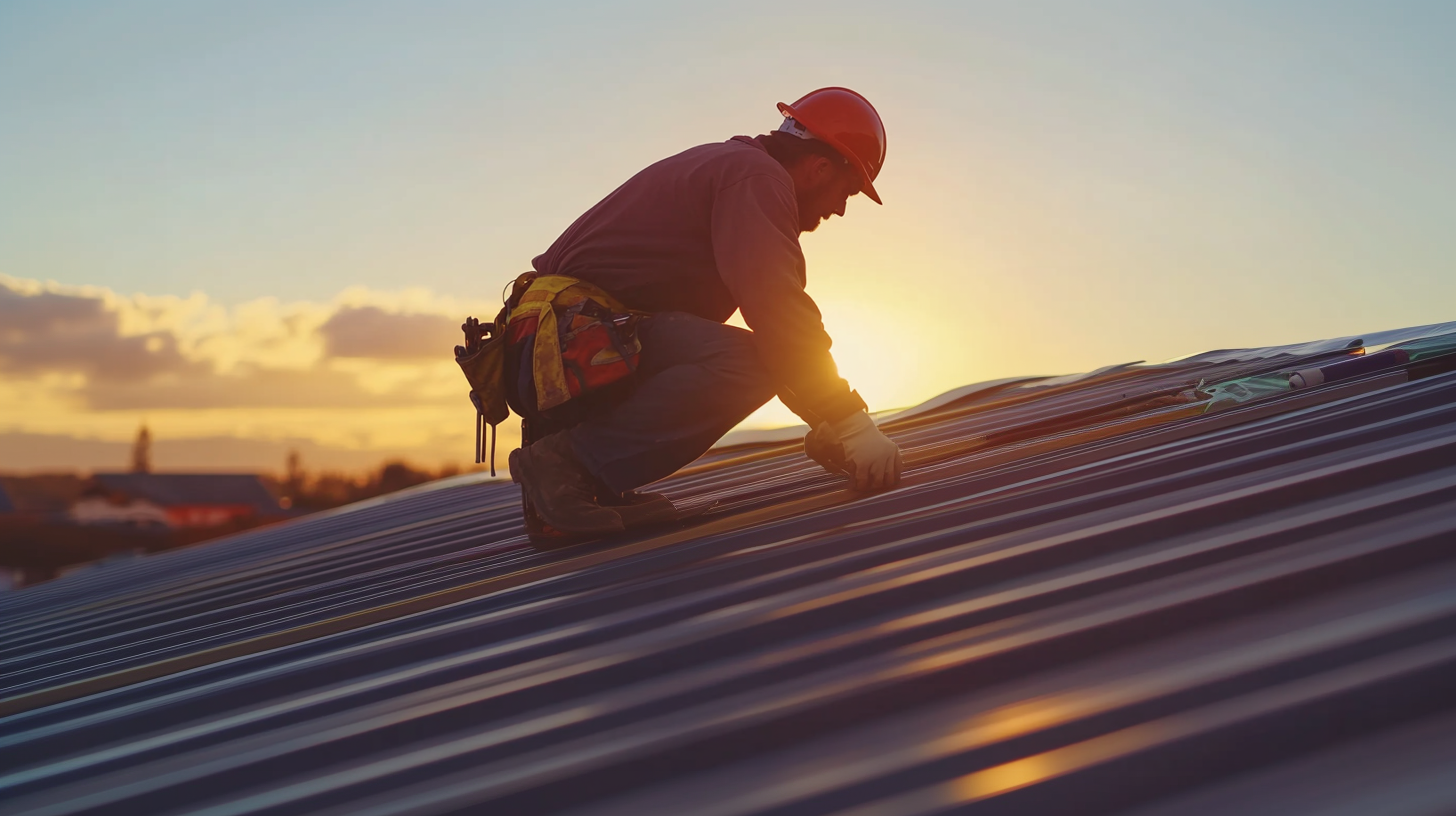 A metal roofing contractor fixing a metal roof.