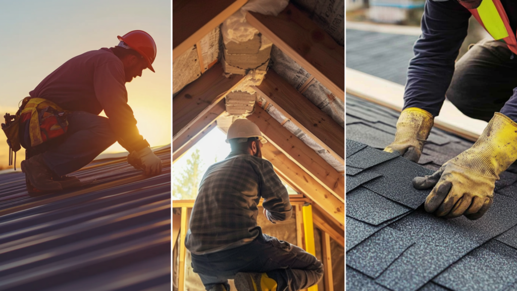 A metal roofing contractor fixing a metal roof.