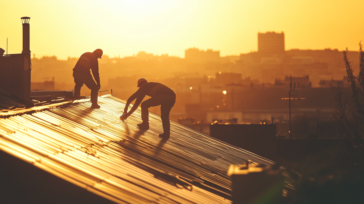 two workers are on top of the roof and repairing a meta roofing.