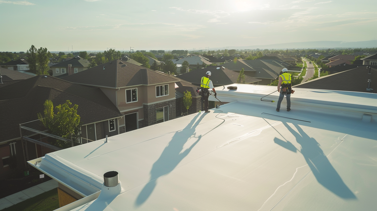 A close-up cinematic rooftop scene captured with a professional construction camera, showing a team of construction workers in safety harnesses applying a white coating to the flat roof of a suburban home. The foreground features a worker using a long roller to carefully apply the viscous coating while another worker assists.