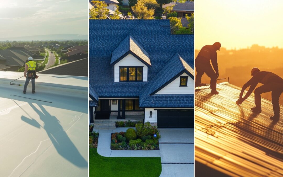 an image of a house with off-white painted walls and asphalt shingle roofs, emphasizing a 'cool roof' design. two workers are on top of the roof and repairing a meta roofing. A close-up cinematic rooftop scene captured with a professional construction camera, showing a team of construction workers in safety harnesses applying a white coating to the flat roof of a suburban home. The foreground features a worker using a long roller to carefully apply the viscous coating while another worker assists.