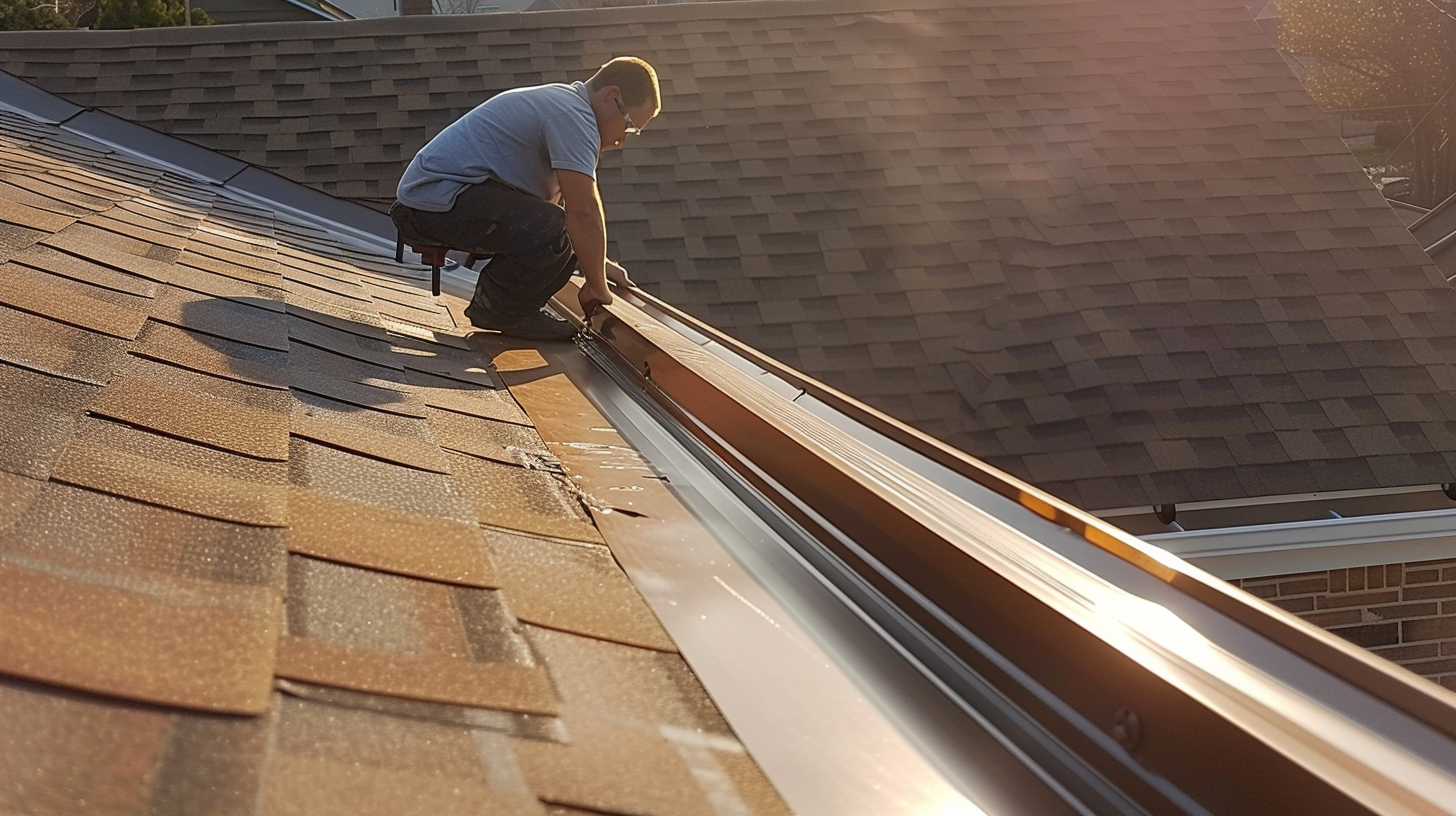 A roofer working on installing aluminum flashing on a metal roof ridge and roof valley.