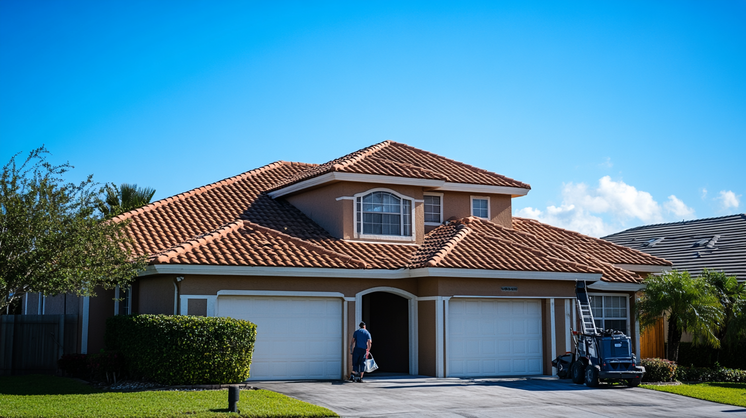 a suburban residential home under clear skies, with a professional cleaner standing on the roof, removing dirt. The roof highlights the 'before and after' effect of the cleaning, showing a clear contrast between the dirty and freshly cleaned areas. The house is well-maintained, set in a clean and peaceful neighborhood.