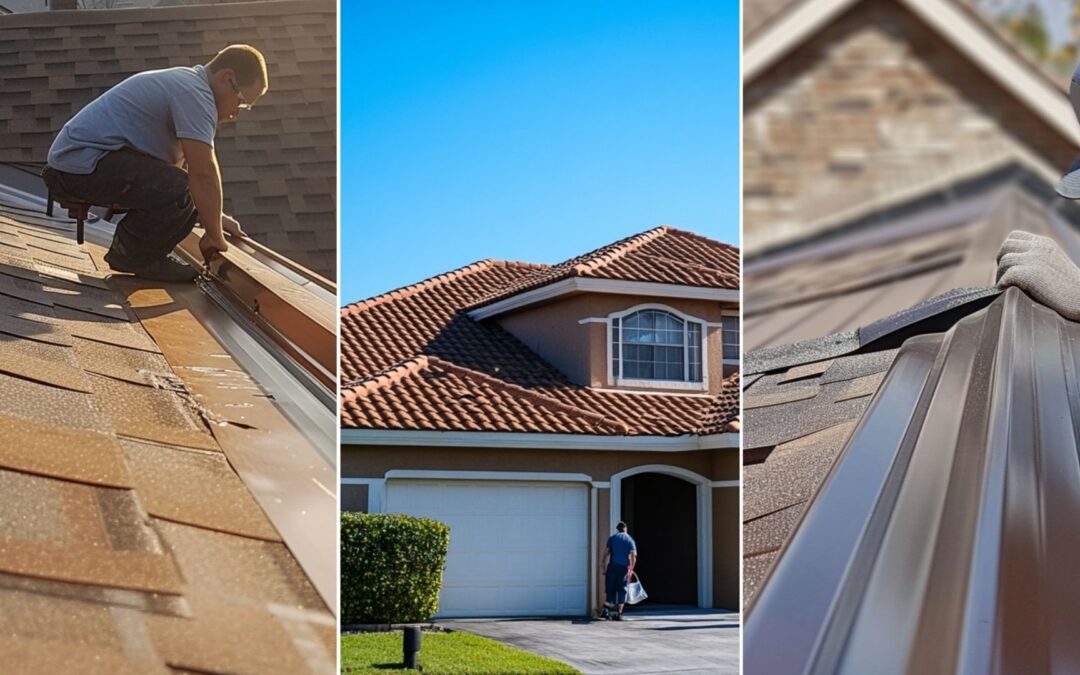 a suburban residential home under clear skies, with a professional cleaner standing on the roof, removing dirt. The roof highlights the 'before and after' effect of the cleaning, showing a clear contrast between the dirty and freshly cleaned areas. The house is well-maintained, set in a clean and peaceful neighborhood.