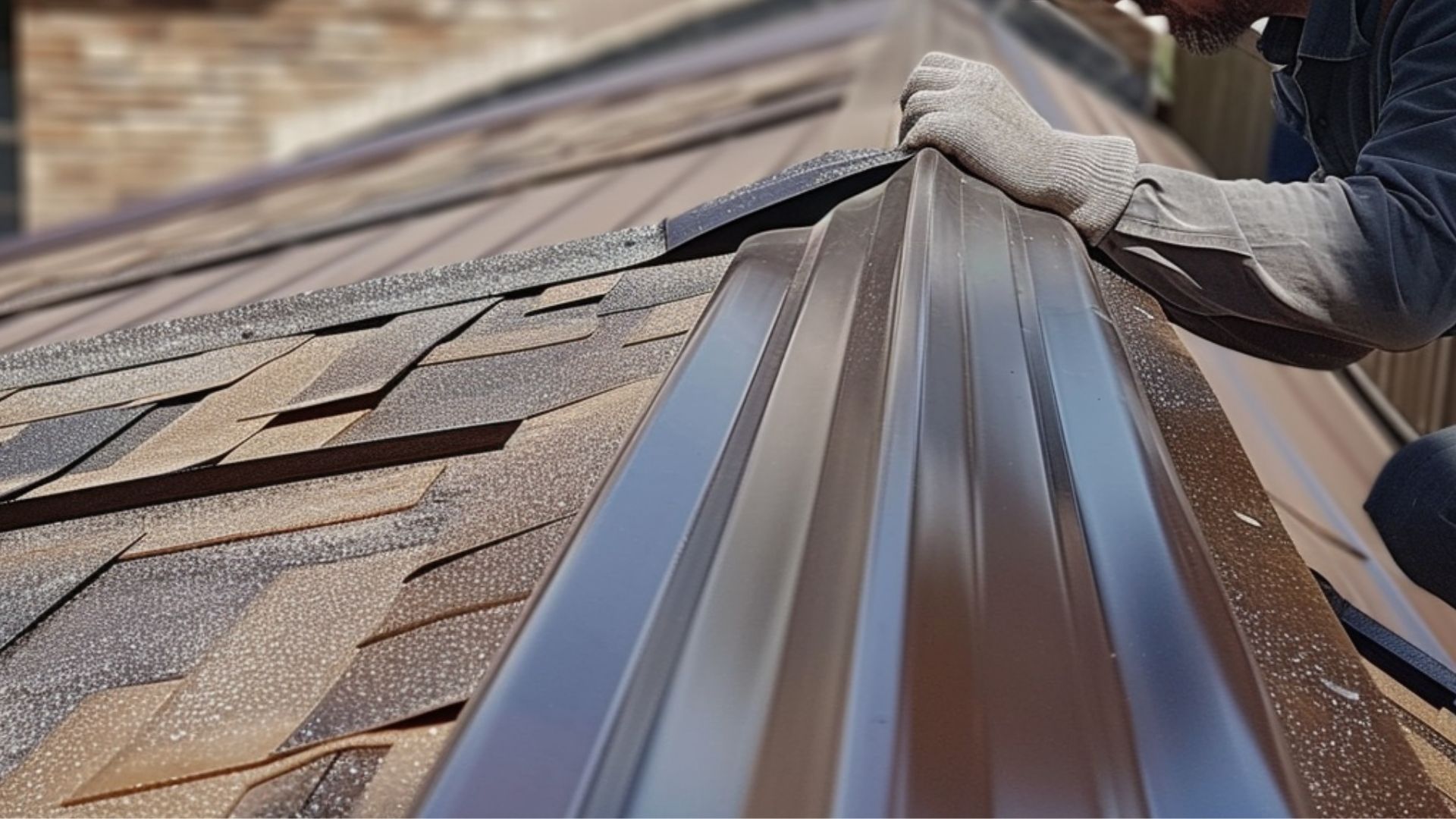 A roofer working on installing aluminum flashing on a metal roof ridge and roof valley.