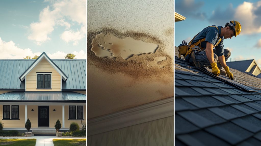 A roofing contractor fixing a metal roof.