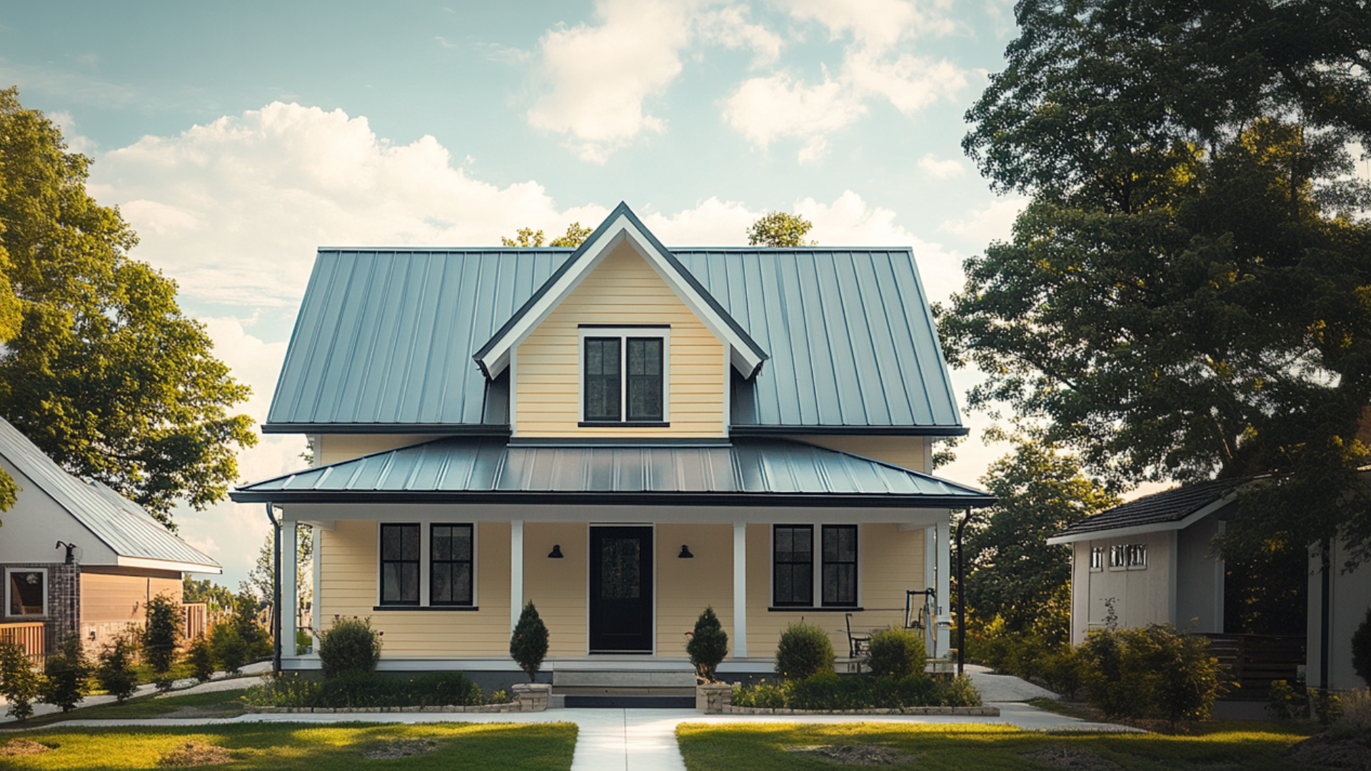 A modern house with metal roofing.