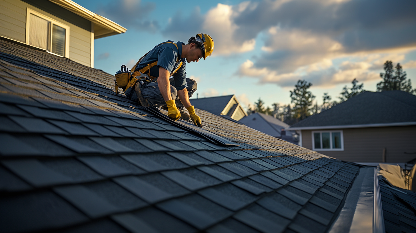 A roofing contractor fixing a metal roof.