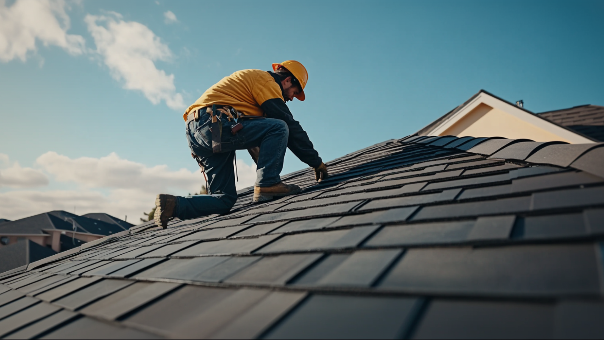 A roofing contractor installing roof.