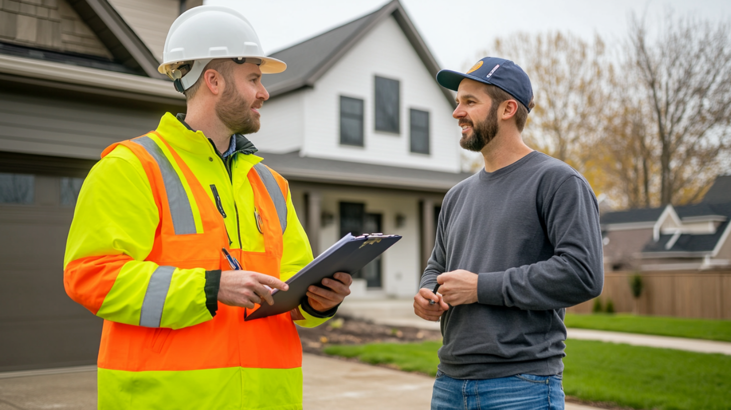 A roofing contractor is explaining about important preventive maintenance for roofs to reduce the risk of damage to a client.