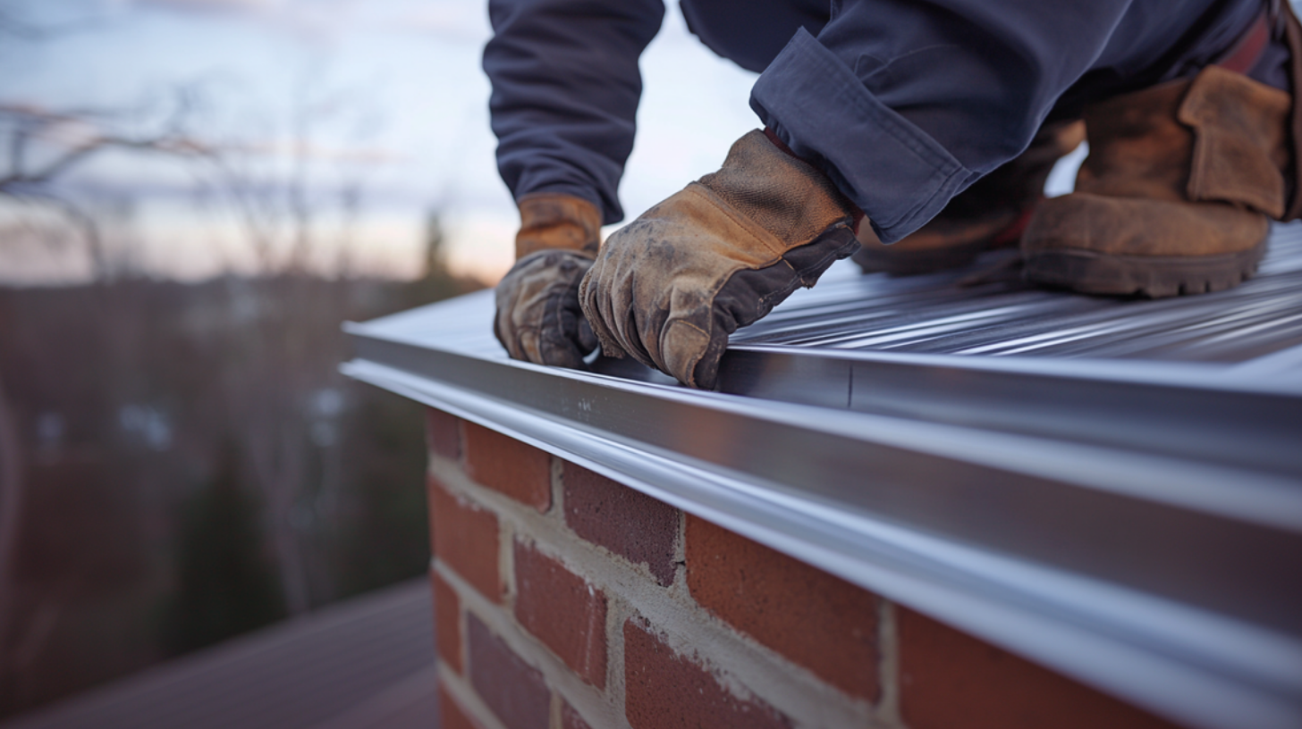 A roof contractor inspecting the roof flashing for any visible sign of damage.