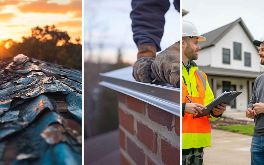 A damaged roof, a roof contractor inspecting the roof, and a roofing contractor explaining about important preventive maintenance for roofs to reduce the risk of damage to a client.