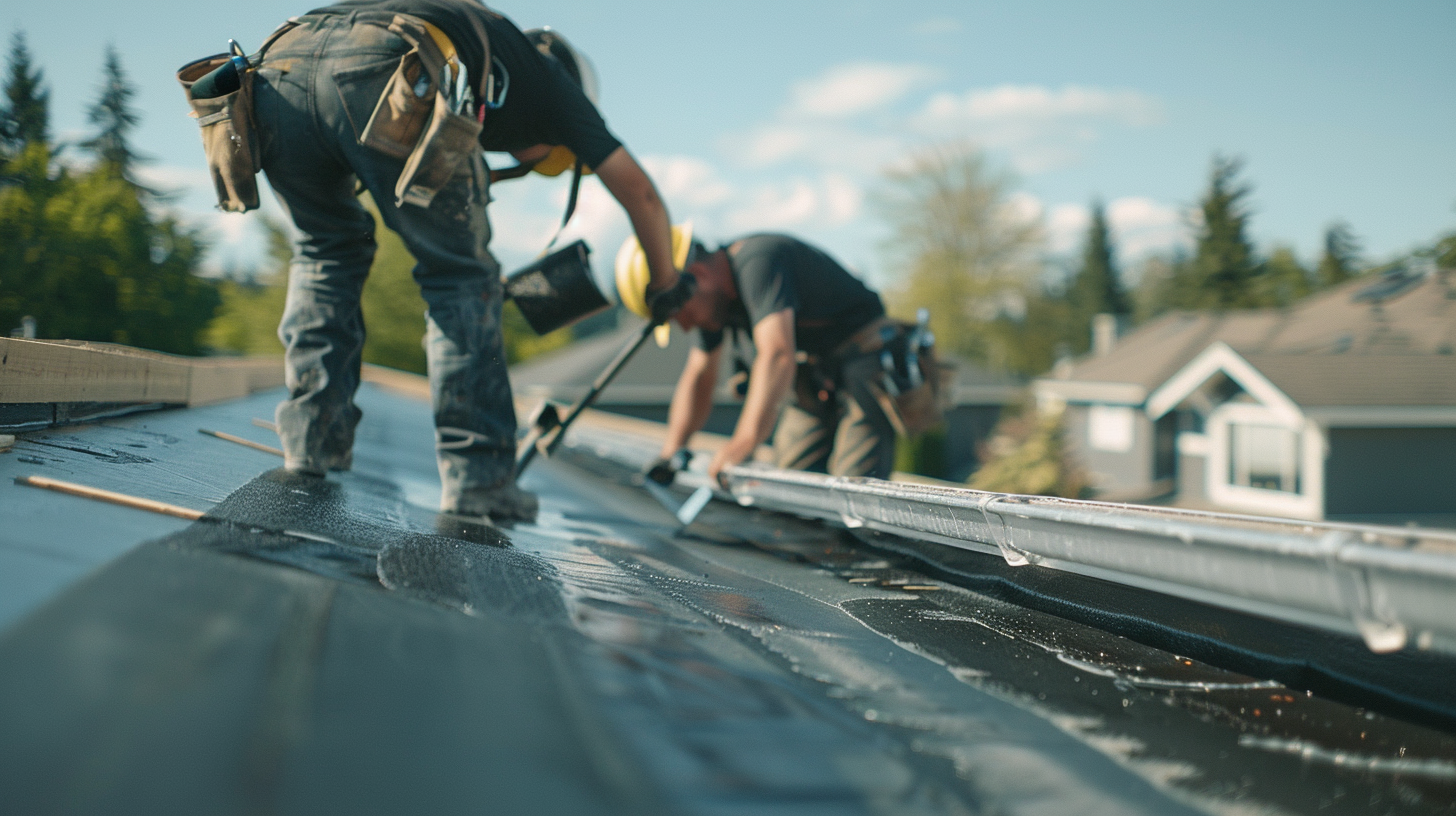 A close-up cinematic rooftop scene captured with a professional construction camera, showing a team of construction workers in safety harnesses applying a black sealant coating to the flat roof of a suburban home.