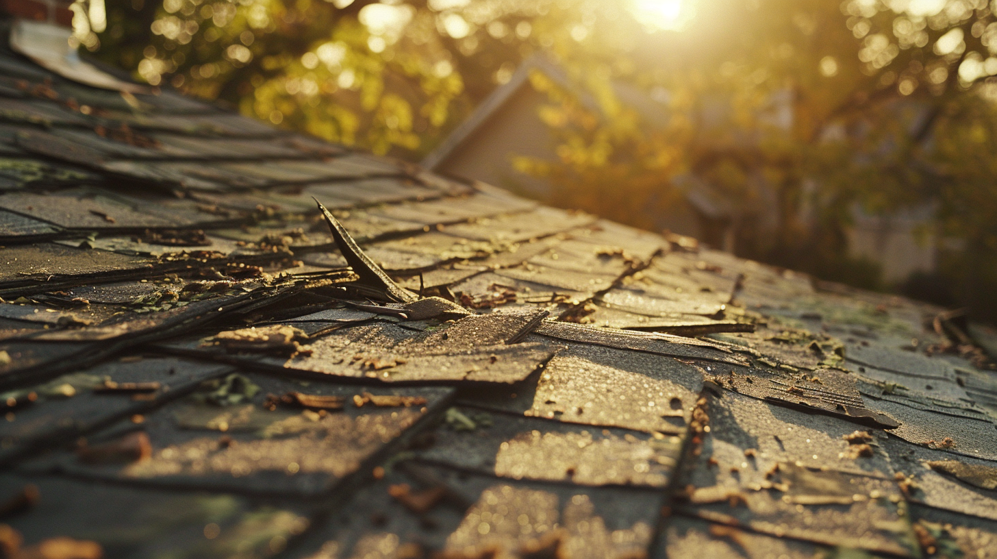 a residential roof that has been damaged by a recent storm.