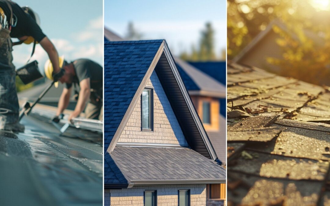 a modern house with its asphalt. a residential roof that has been damaged by a recent storm. A close-up cinematic rooftop scene captured with a professional construction camera, showing a team of construction workers in safety harnesses applying a black sealant coating to the flat roof of a suburban home.