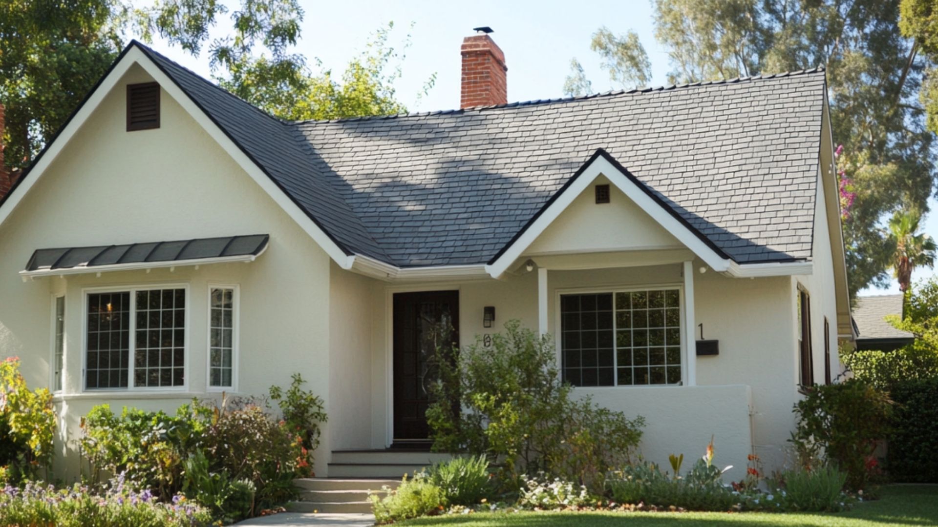 an image of a house with off-white painted walls and asphalt shingle roofs, emphasizing a 'cool roof' design