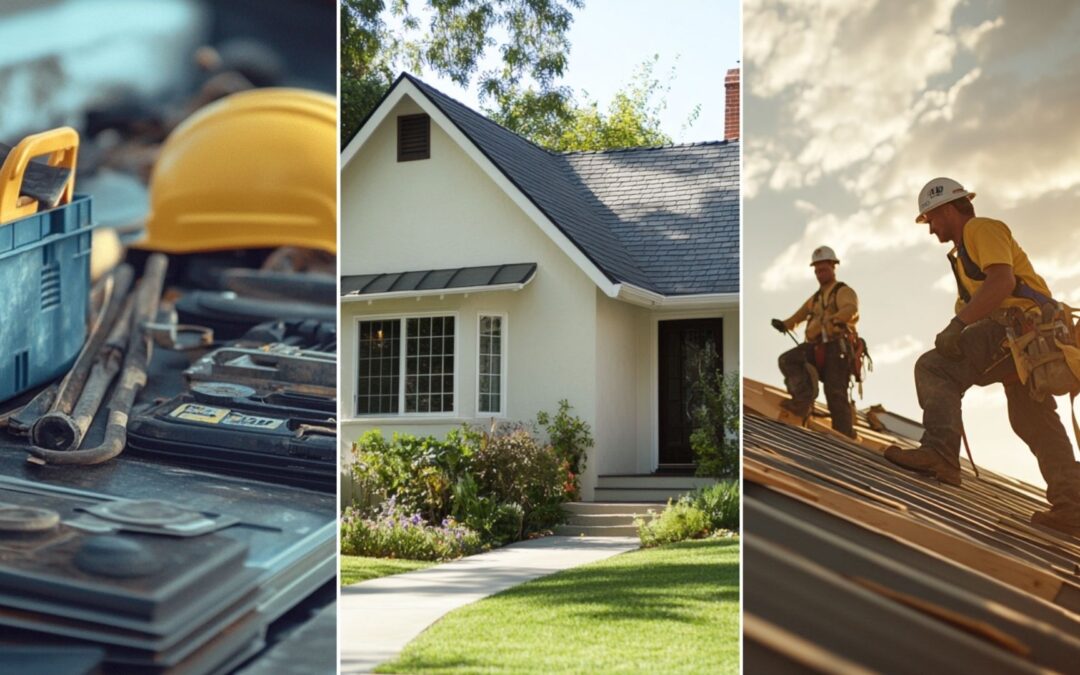 an image of a house with off-white painted walls and asphalt shingle roofs, emphasizing a 'cool roof' design. A detailed photo showing the various components of equipment used for working at roofs. roofers at work.