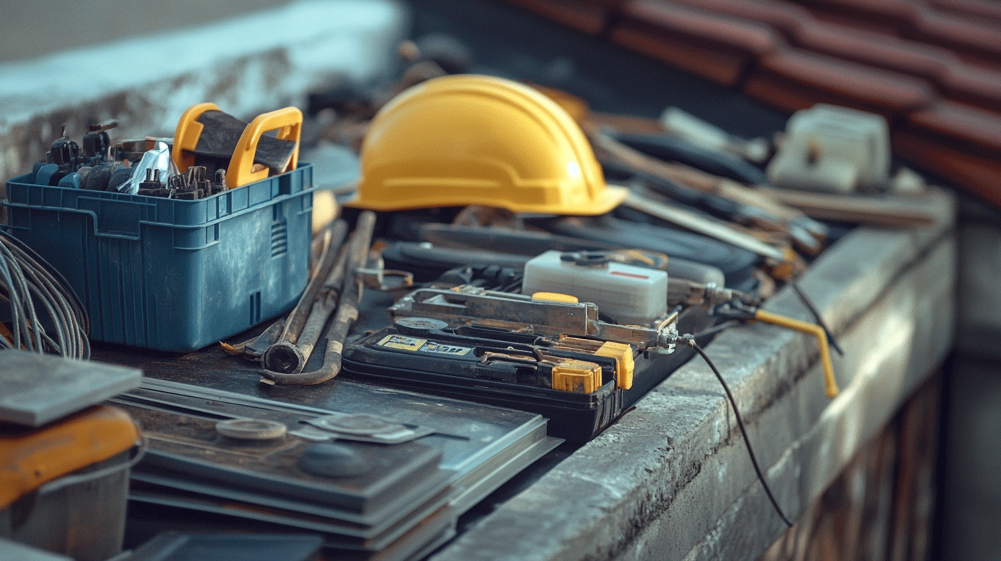 A detailed photo showing the various components of equipment used for working at roofs.