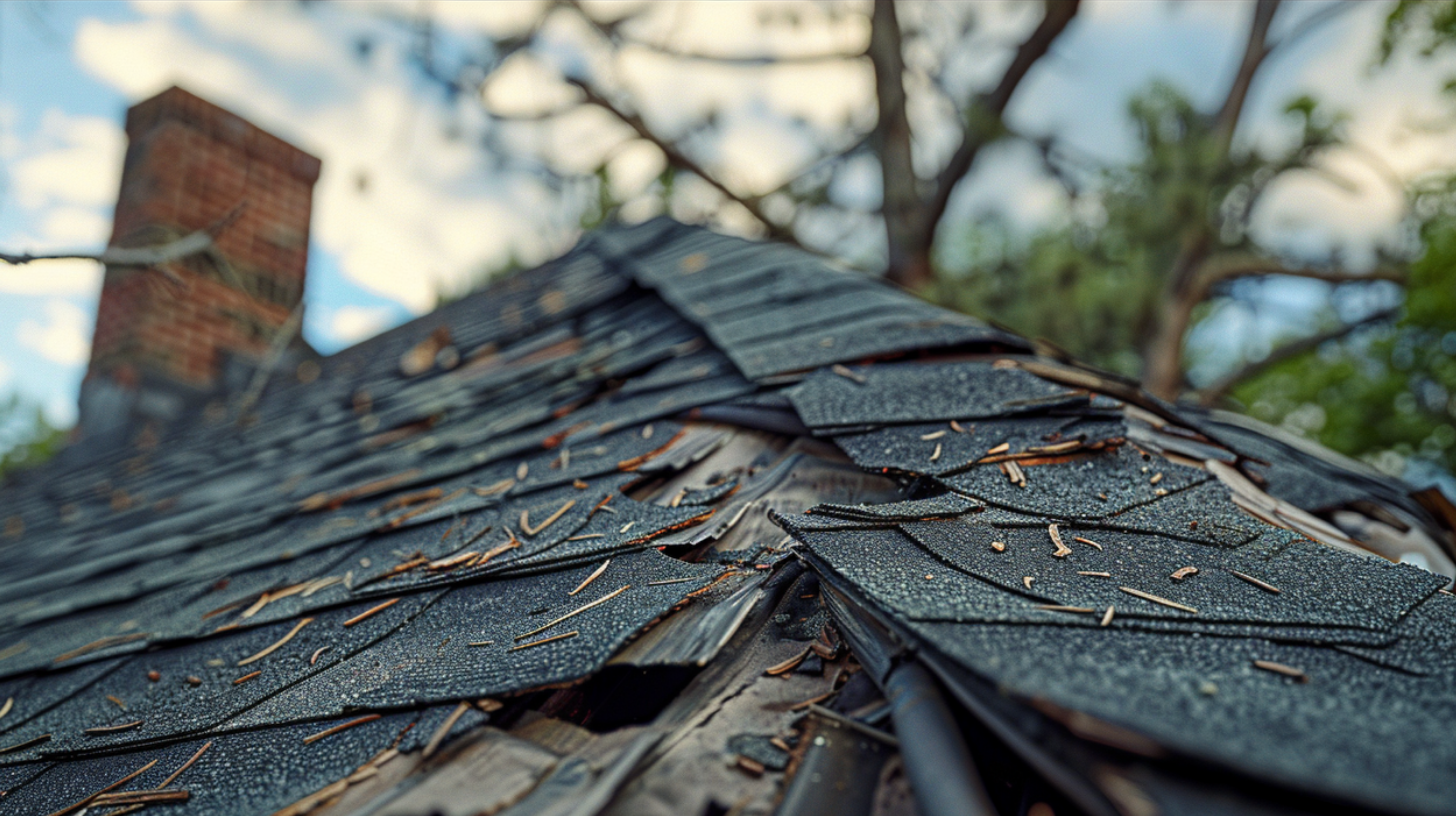 A residential roof that has been damaged by a recent storm.