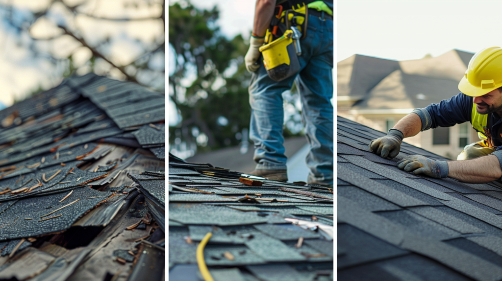 A residential roof that has been damaged by a recent storm, a roofing contractor wearing safety gear is inspecting a residential roof that has been damaged by a recent storm, and a roofer repairing an asphalt shingled roof in the residential area of Texas.