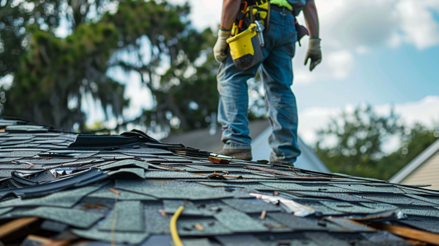 A roofing contractor wearing safety gear is inspecting a residential roof that has been damaged by a recent storm.