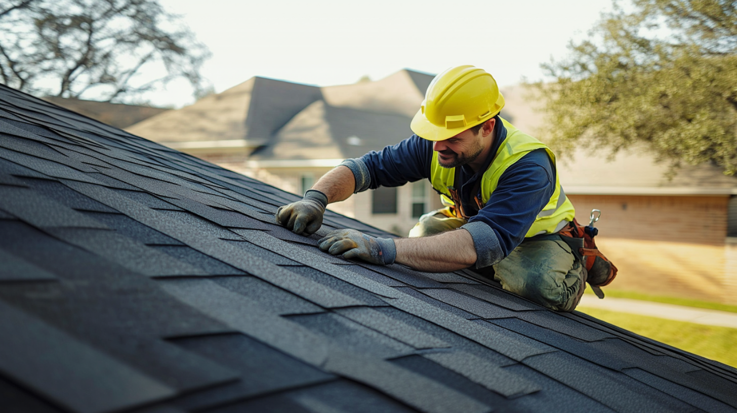 A roofer repairing an asphalt shingled roof in the residential area of Texas.