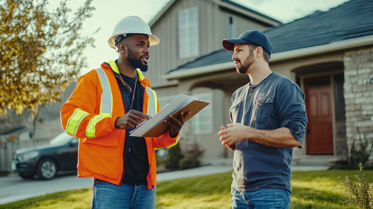 A roofing contractor explaining the eligibility for roof installation subsidies to a potential client.