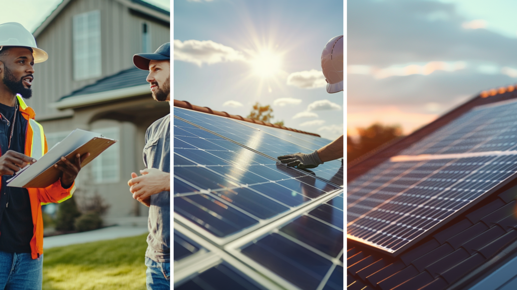 A roofing contractor explaining the eligibility for roof installation subsidies to a potential client, a roof contractor installing solar panels, solar panels installed on a residential roof.