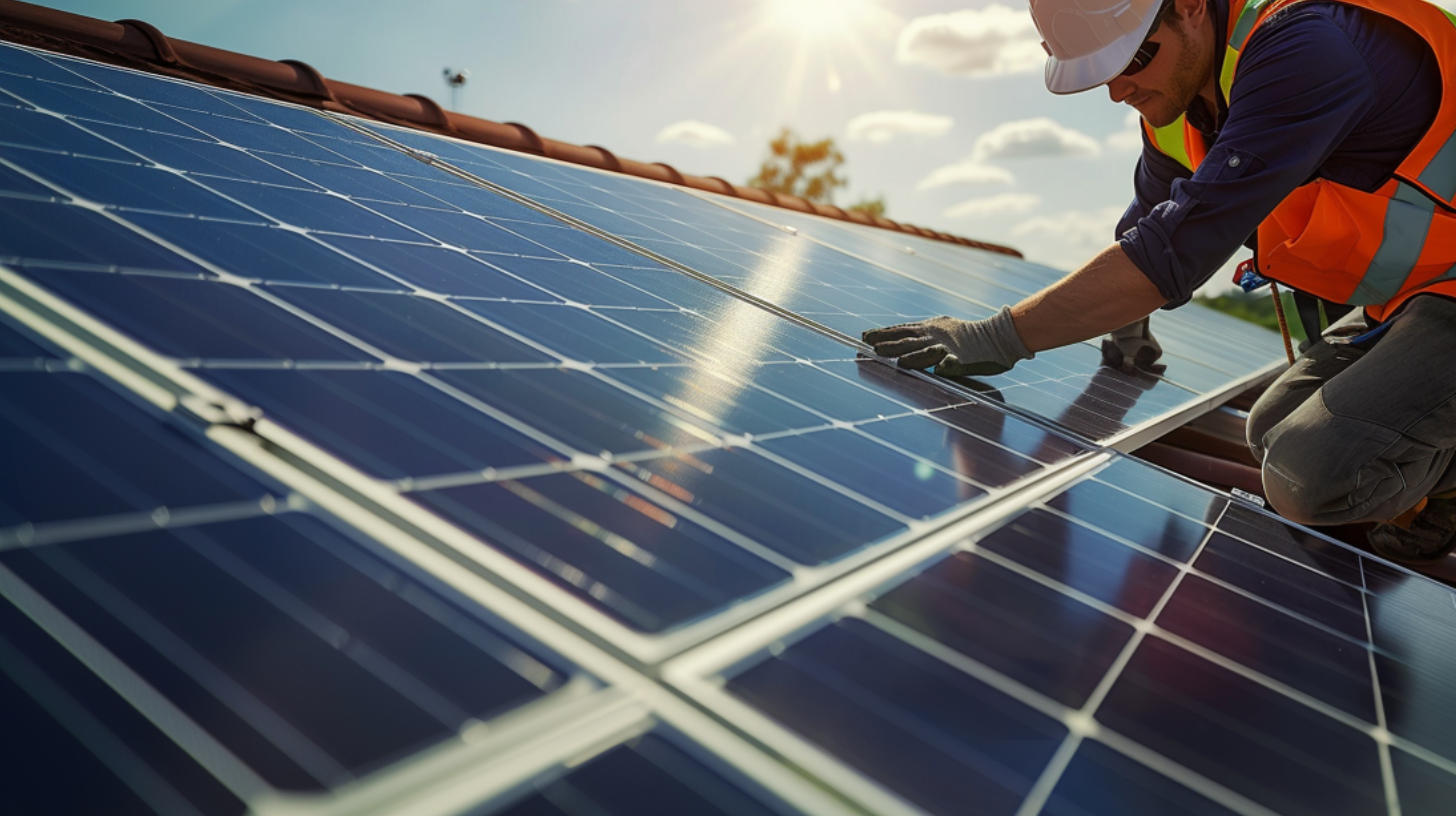 A roof contractor installing solar panels on a residential roof.